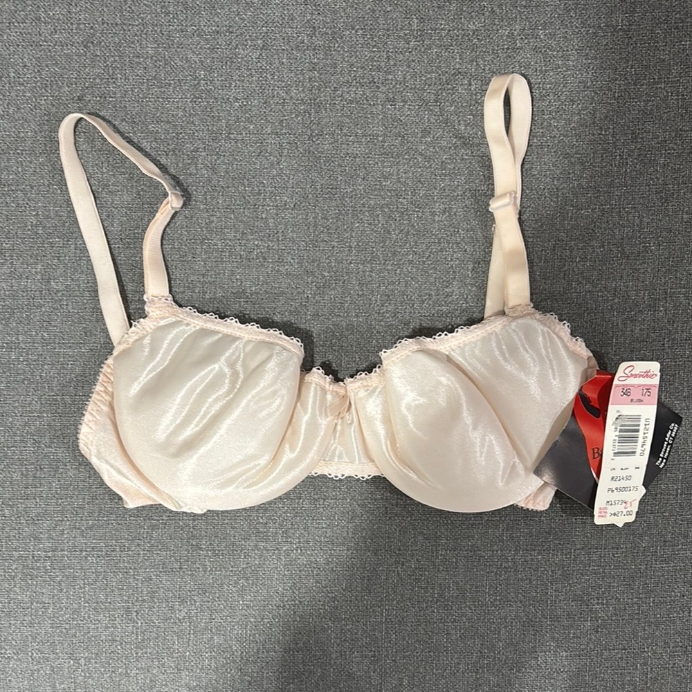 NWT Vintage Backless by Smoothie Lace Trim Satin Bra in Blush Pink Size 34B